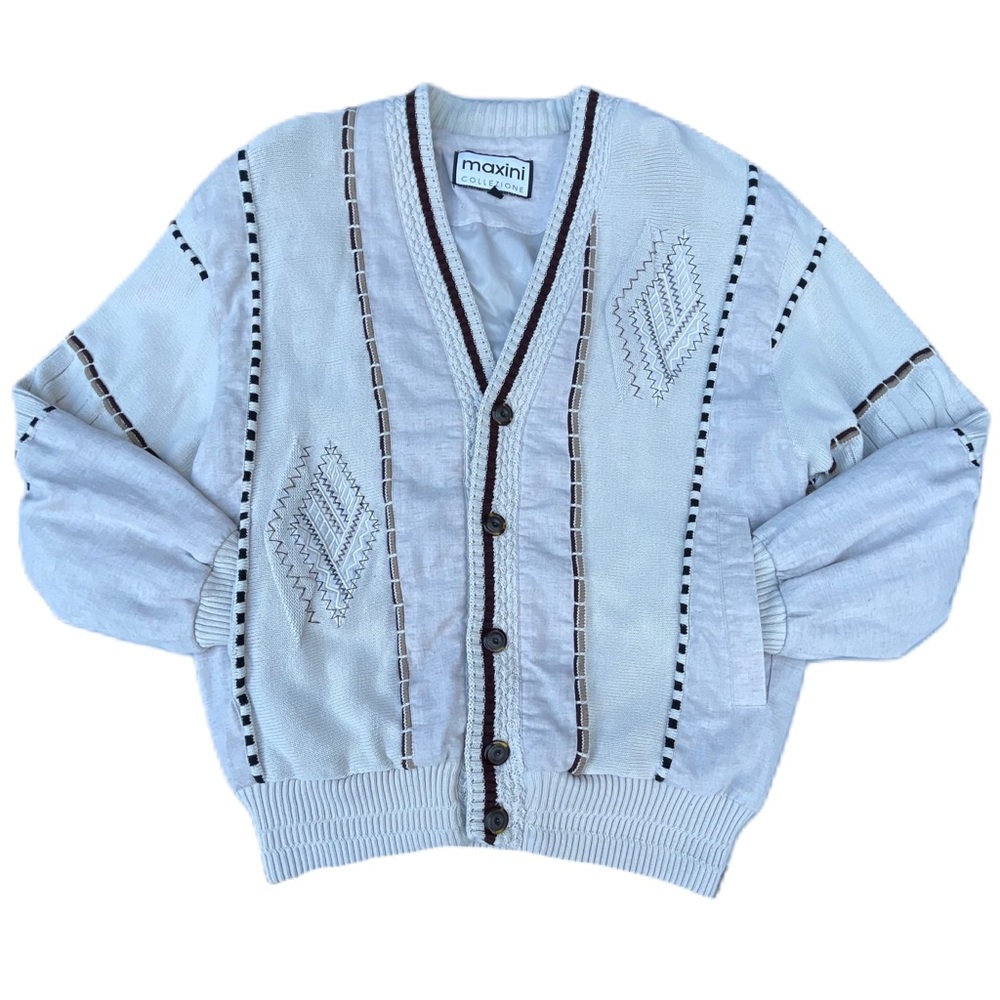 Vintage 90s Maxini Collezione Linen White Embroidered Knit Cardigan Sweater